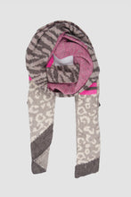 Load image into Gallery viewer, Mara Knitted Tiger &amp; Leopard Blanket Print Scarf - Grey &amp; Fuchsia