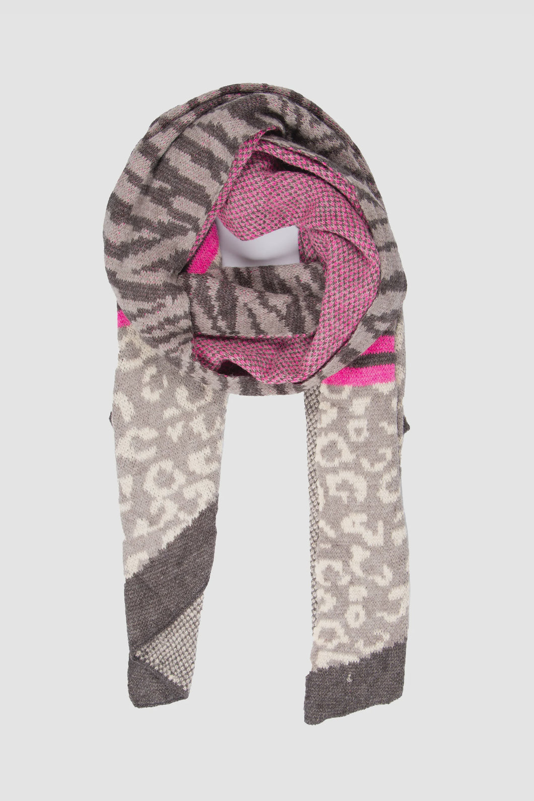 Mara Knitted Tiger & Leopard Blanket Print Scarf - Grey & Fuchsia