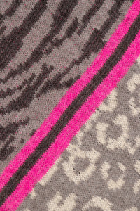 Mara Knitted Tiger & Leopard Blanket Print Scarf - Grey & Fuchsia