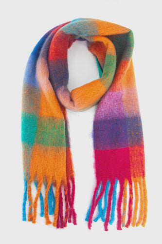 Sara Rainbow Checked Blanket Scarf with Tassels - Blue & Orange