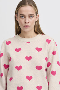 ICHI Brielle Heart Jumper - Oatmeal & Pink Yarrow