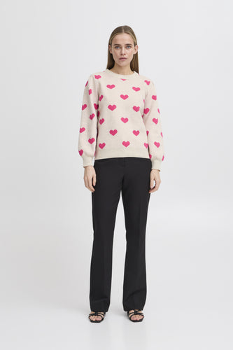 ICHI Brielle Heart Jumper - Oatmeal & Pink Yarrow