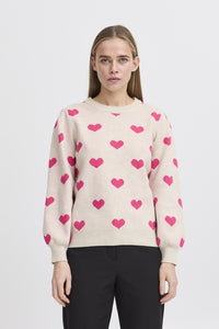 ICHI Brielle Heart Jumper - Oatmeal & Pink Yarrow