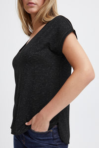 ICHI Rebel Metallic Detail V Neck Tee - Black