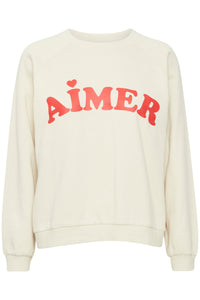 ICHI Lela 'Aimer' Slogan Cotton Sweatshirt - Almond Milk