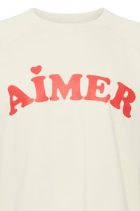 ICHI Lela 'Aimer' Slogan Cotton Sweatshirt - Almond Milk