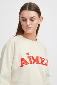 ICHI Lela 'Aimer' Slogan Cotton Sweatshirt - Almond Milk