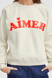 ICHI Lela 'Aimer' Slogan Cotton Sweatshirt - Almond Milk