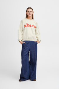 ICHI Lela 'Aimer' Slogan Cotton Sweatshirt - Almond Milk