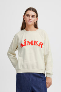 ICHI Lela 'Aimer' Slogan Cotton Sweatshirt - Almond Milk