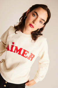 ICHI Lela 'Aimer' Slogan Cotton Sweatshirt - Almond Milk