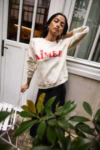 ICHI Lela 'Aimer' Slogan Cotton Sweatshirt - Almond Milk