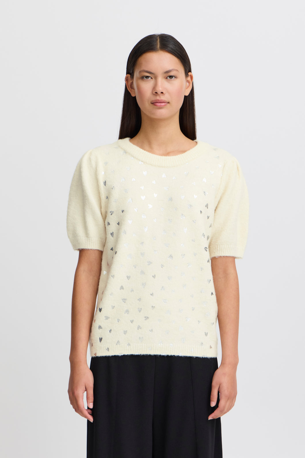 ICHI Corinne Metallic Silver Heart Jumper - Birch