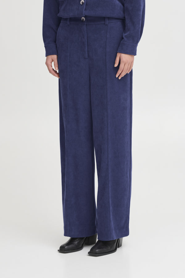 ICHI Kate Wide Leg Cord Trousers - Medieval Blue