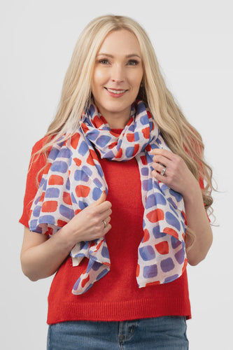 Tile Print Cotton Scarf - Blue & Red