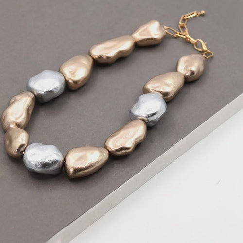 Large Gold & Silver Pebble Bead Short Necklace