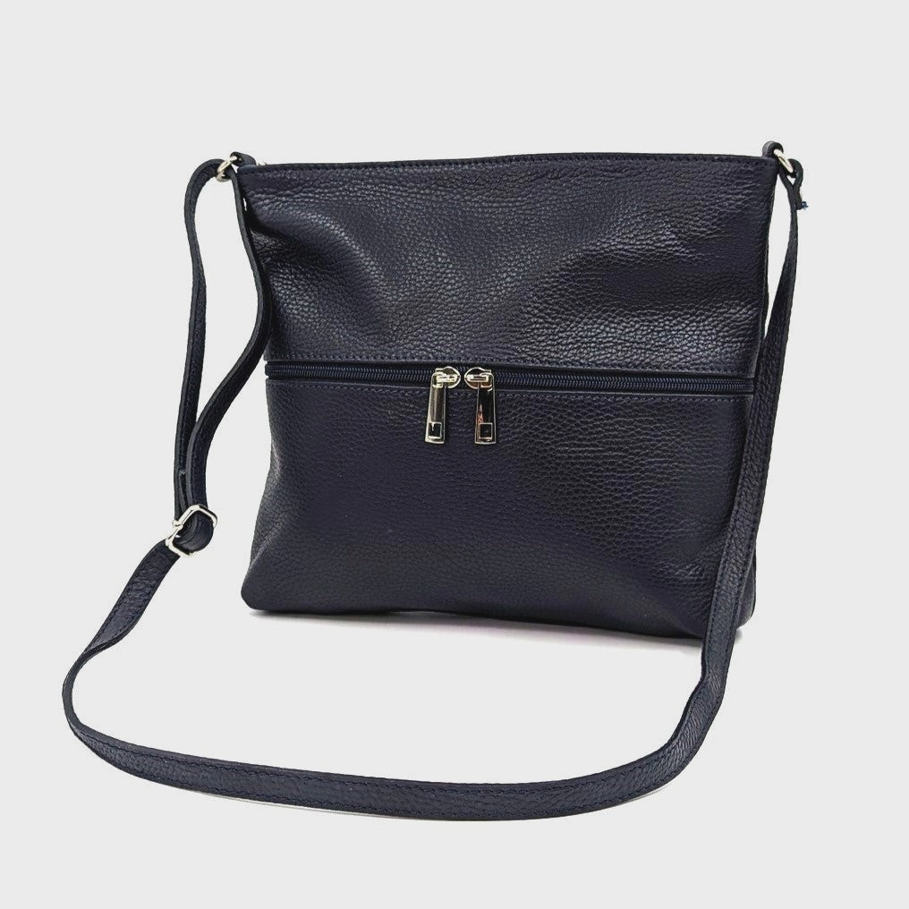 Clarissa Front Zip Leather Crossbody Bag - Navy