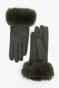 Maya Vegan Leather & Faux Fur Trim Gloves - Khaki