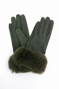 Maya Vegan Leather & Faux Fur Trim Gloves - Khaki