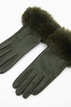 Load image into Gallery viewer, Maya Vegan Leather &amp; Faux Fur Trim Gloves - Khaki