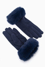 Load image into Gallery viewer, Zara Velvet Style Faux Fur Trim Gloves - Navy Blue