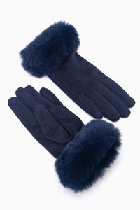 Zara Velvet Style Faux Fur Trim Gloves - Navy Blue