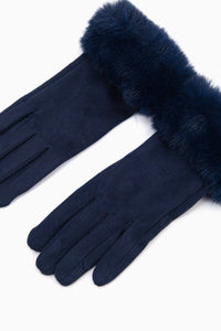 Zara Velvet Style Faux Fur Trim Gloves - Navy Blue