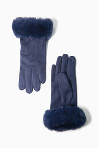 Zara Velvet Style Faux Fur Trim Gloves - Navy Blue