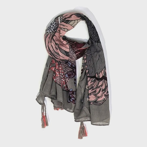 Floral & Animal Print Tassel Scarf - Grey & Pink