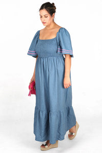 Amy Shirred Wavy Trim Maxi Dress - Blue Denim