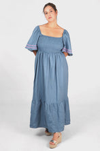 Load image into Gallery viewer, Amy Shirred Wavy Trim Maxi Dress - Blue Denim