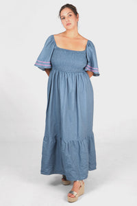 Amy Shirred Wavy Trim Maxi Dress - Blue Denim