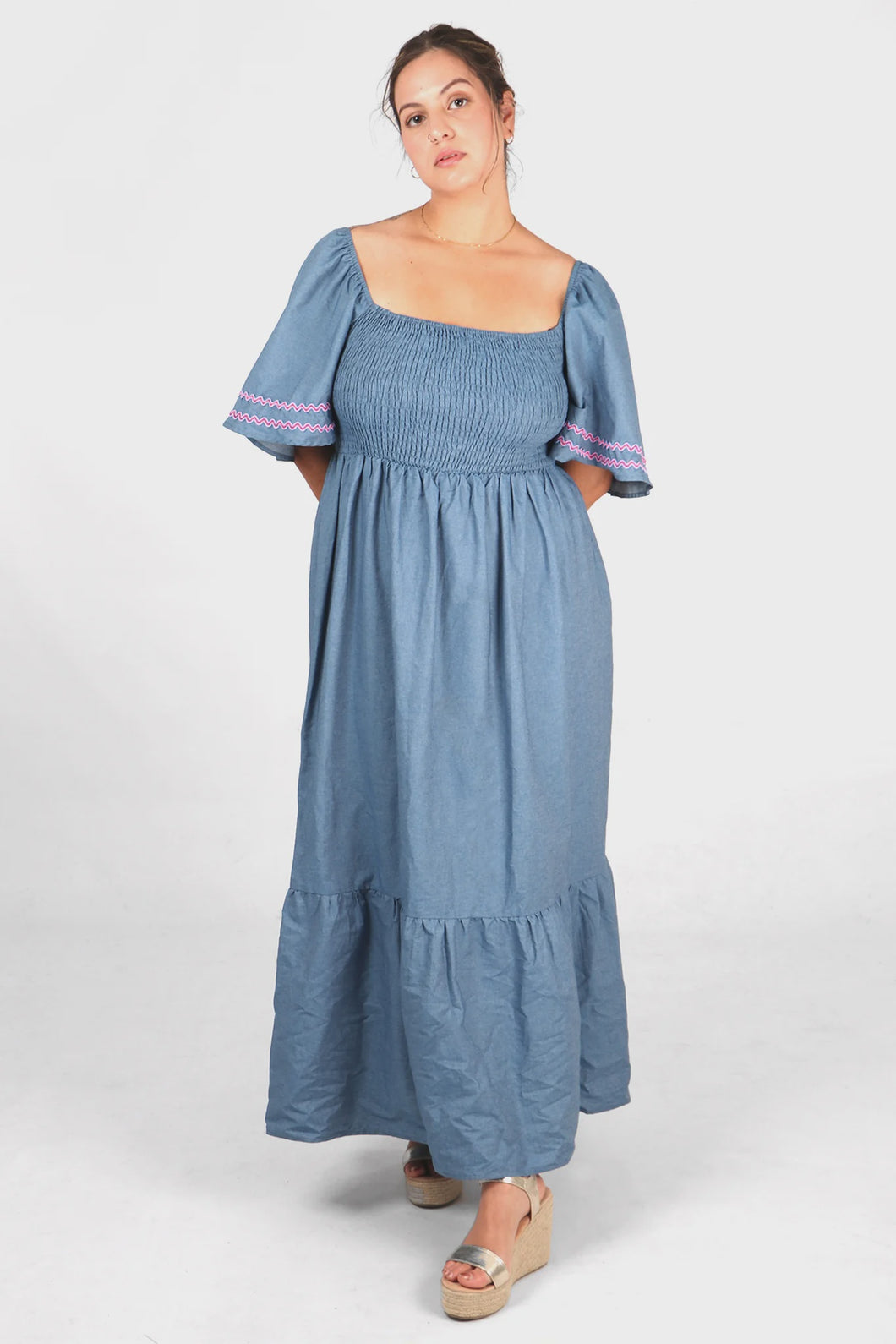 Amy Shirred Wavy Trim Maxi Dress - Blue Denim