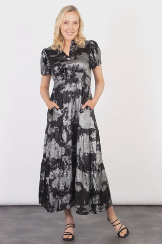 Roxy Tiered Metallic Oil Slick Maxi Dress - Black & Silver