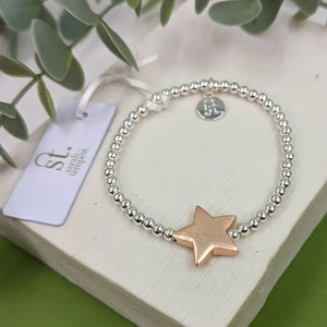 Silver Bead & Rose Gold Star Charm Bracelet