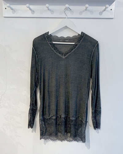 Cressida Long Sleeve Lace Detail Top - Charcoal