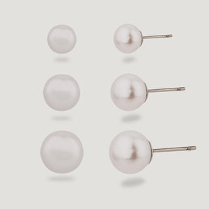 Keira Faux Pearl Stud Earrings Set - Rhodium Silver Plated