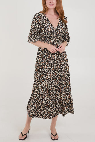 Tara Leopard Print Shirred Maxi Dress - Tan & Cream