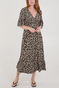 Tara Leopard Print Shirred Maxi Dress - Tan & Cream