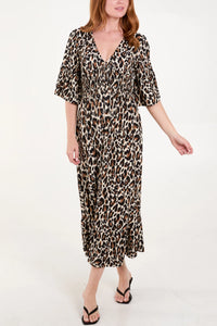 Tara Leopard Print Shirred Maxi Dress - Tan & Cream