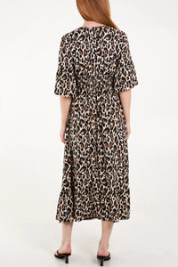 Tara Leopard Print Shirred Maxi Dress - Tan & Cream