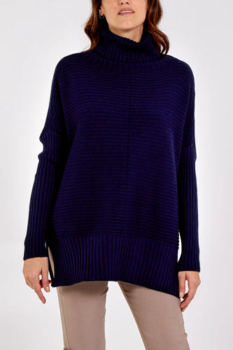 Eliza Ribbed Cowl Neck Jumper - Navy