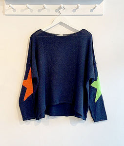 Nova Neon Star Fine Knit Cotton Blend Jumper - Navy