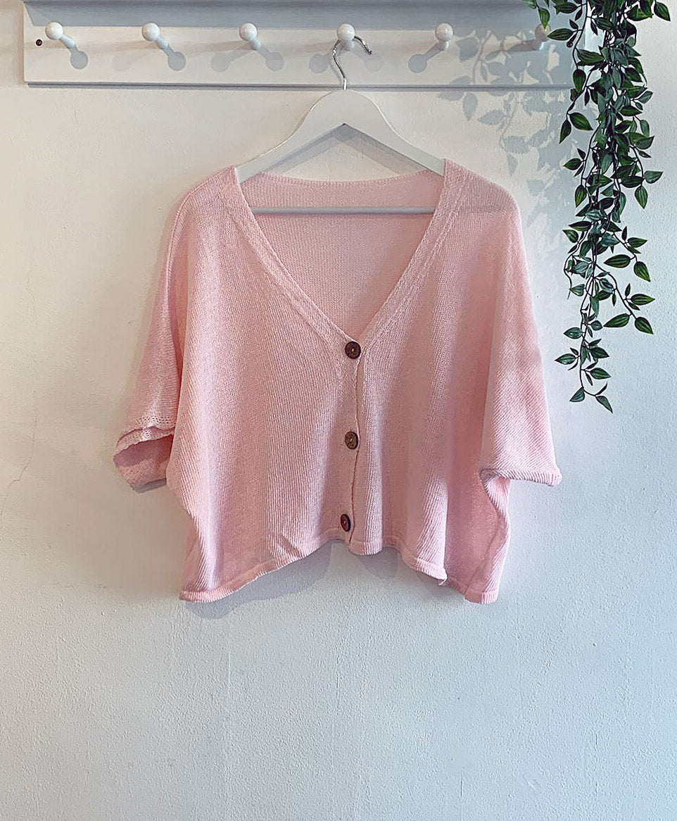 Sarah Cotton Blend Fine Knit Button Top - Pale Pink