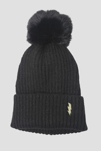 Zella Lightening Bolt & Pom Pom Beanie Hat - Black