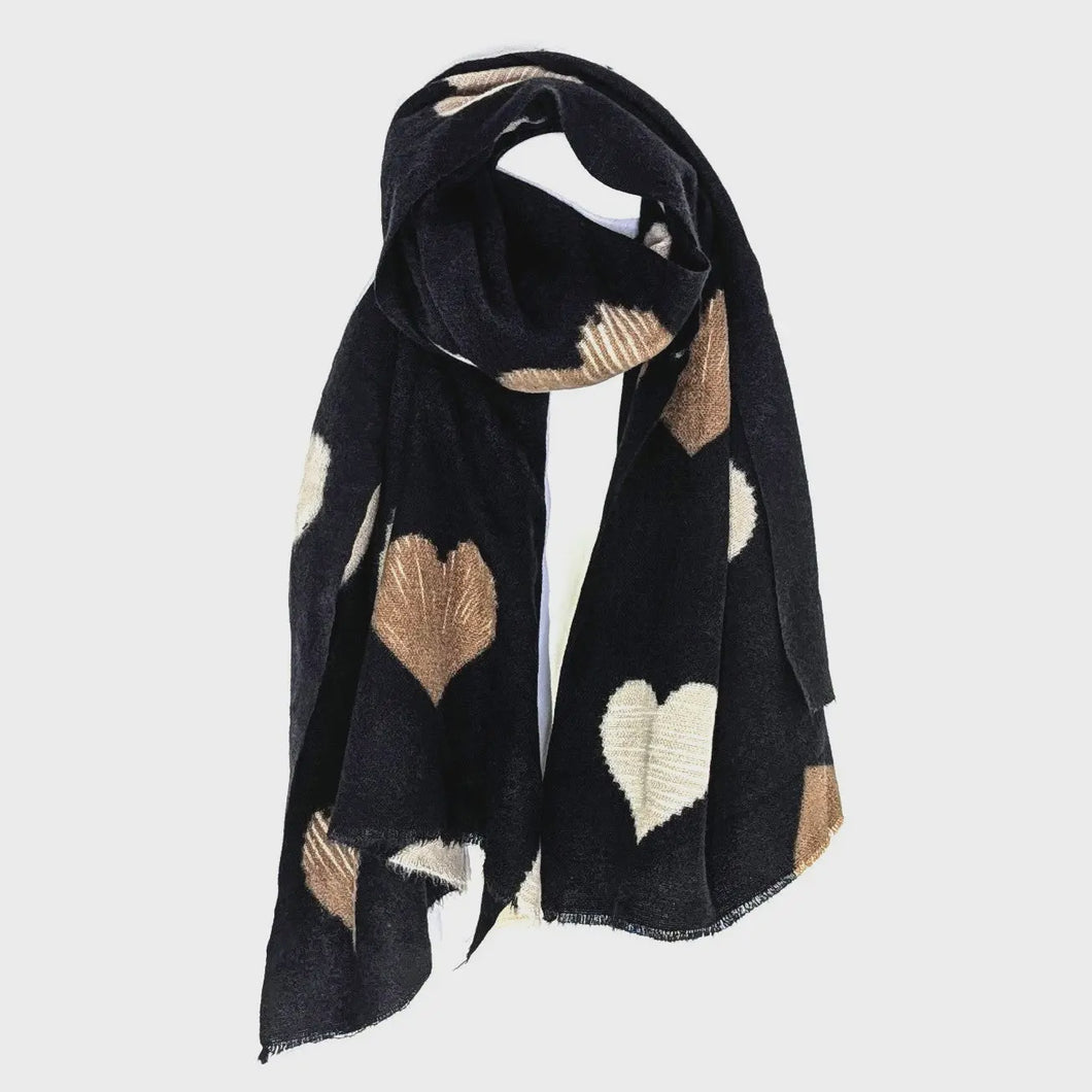 Heart Print Scarf - Black, Gold & Cream