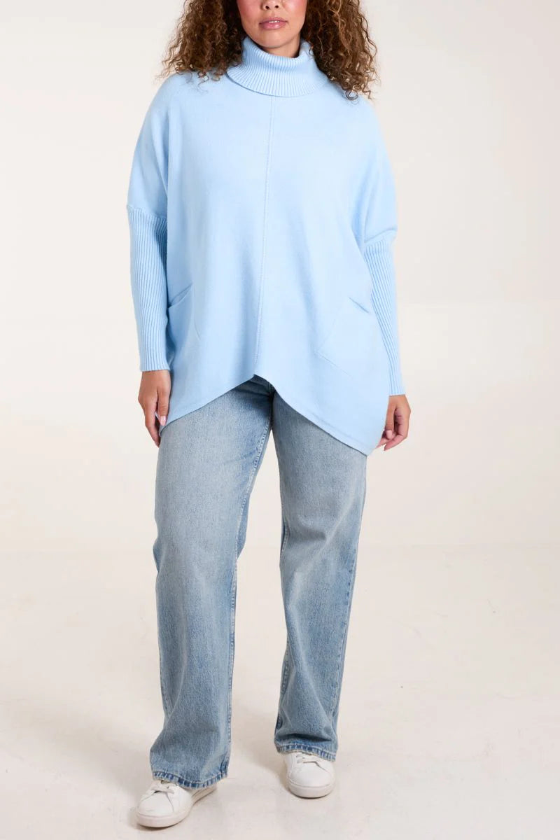 Matilda Dipped Hem Roll Neck Jumper - Light Blue