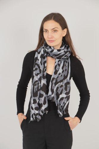 Leopard Print & Metallic Stripe Scarf - Grey & Black