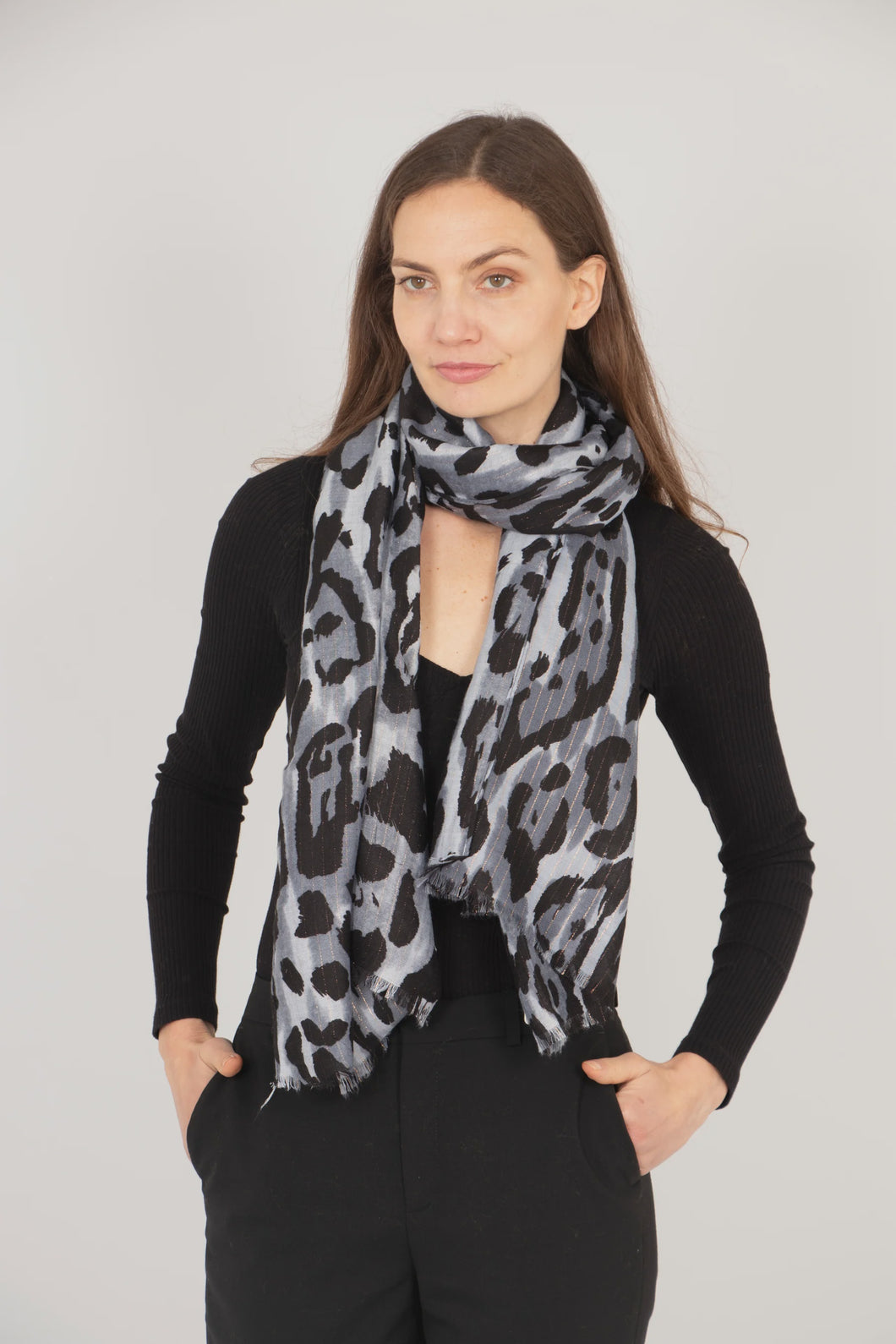 Leopard Print & Metallic Stripe Scarf - Grey & Black