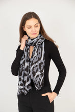 Load image into Gallery viewer, Leopard Print &amp; Metallic Stripe Scarf - Grey &amp; Black